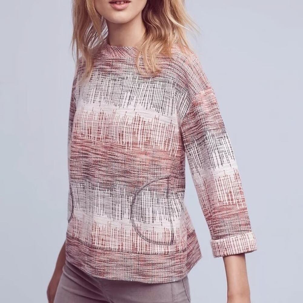 Anthropologie Postmark Black Red White Etched Sunset Top Pullover Knit Sweater